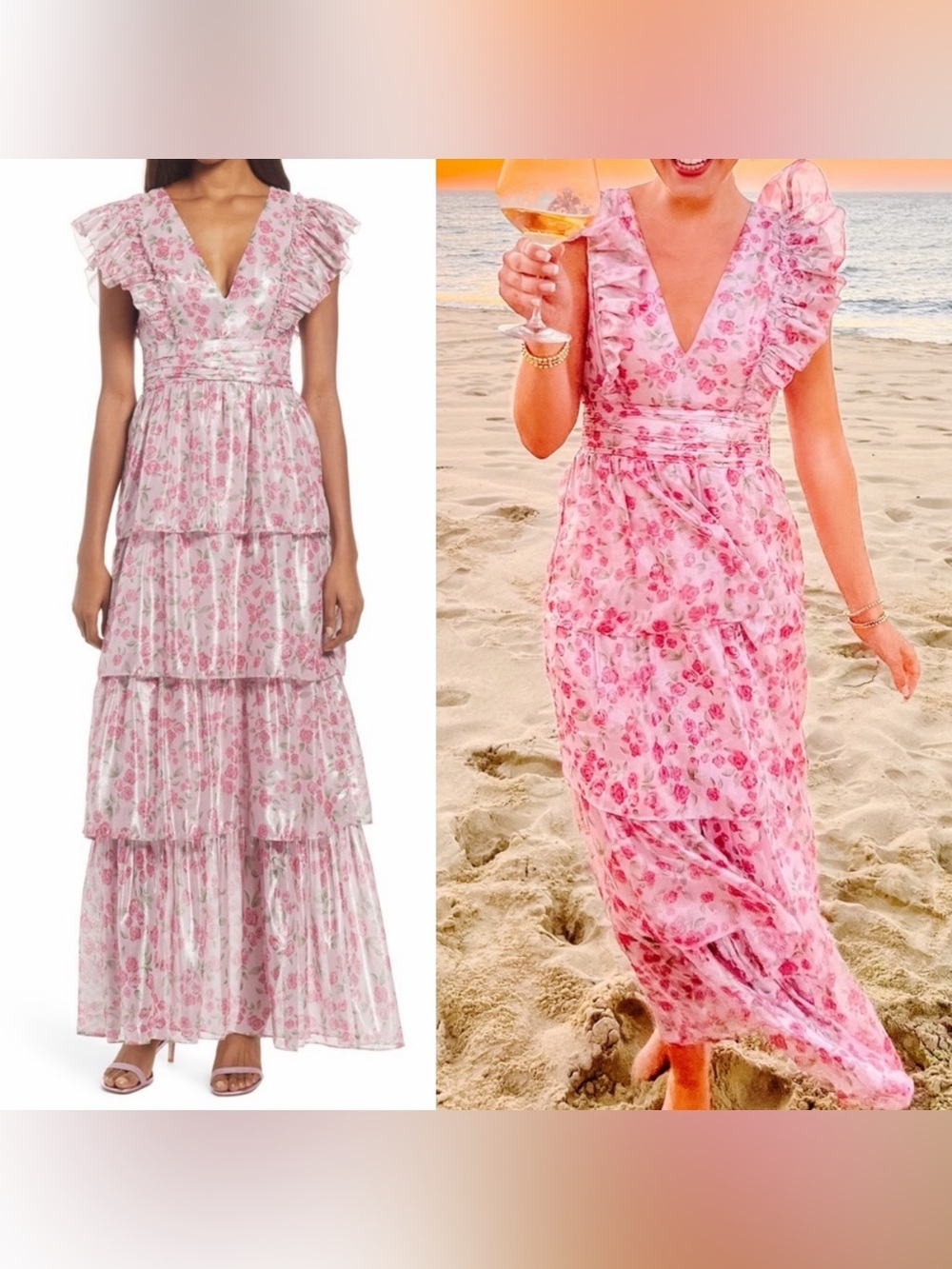 NEW! Saylor- Stefania Dress Metallic Pink Floral Tiered Maxi Ruffle Sleeve Large